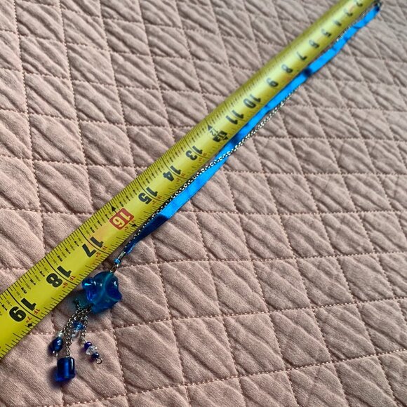 CREATION -  Handmade Long Blue Drop Pendant Necklace – Ribbon & Chain Mix - Picture 5 of 9